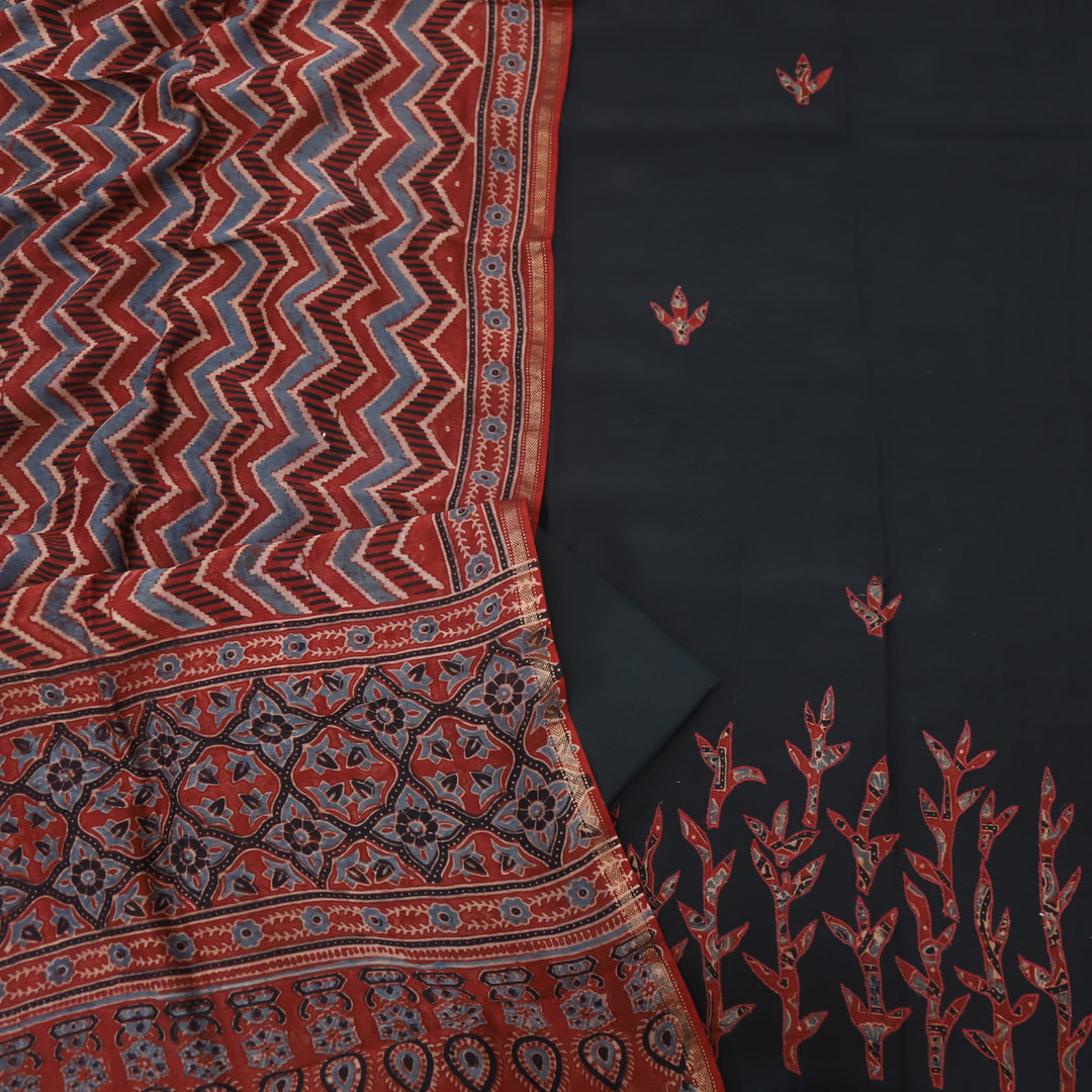 Jang Ebony Black Applique Work Chanderi Top and Dupatta Set