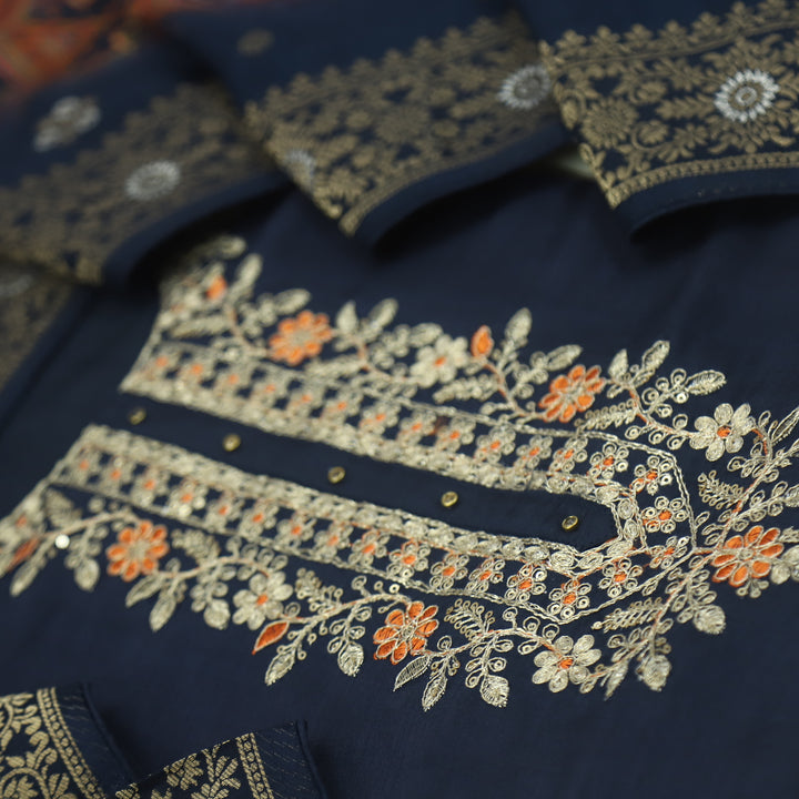 Musavvir Oxford Blue Dola Silk Top With Dola Silk Dupatta