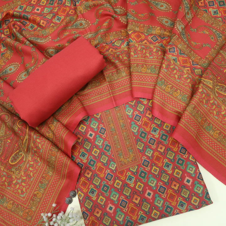 Shafaq Coral Red Semi Pashmina Top with Semi Pashmina Dupatta