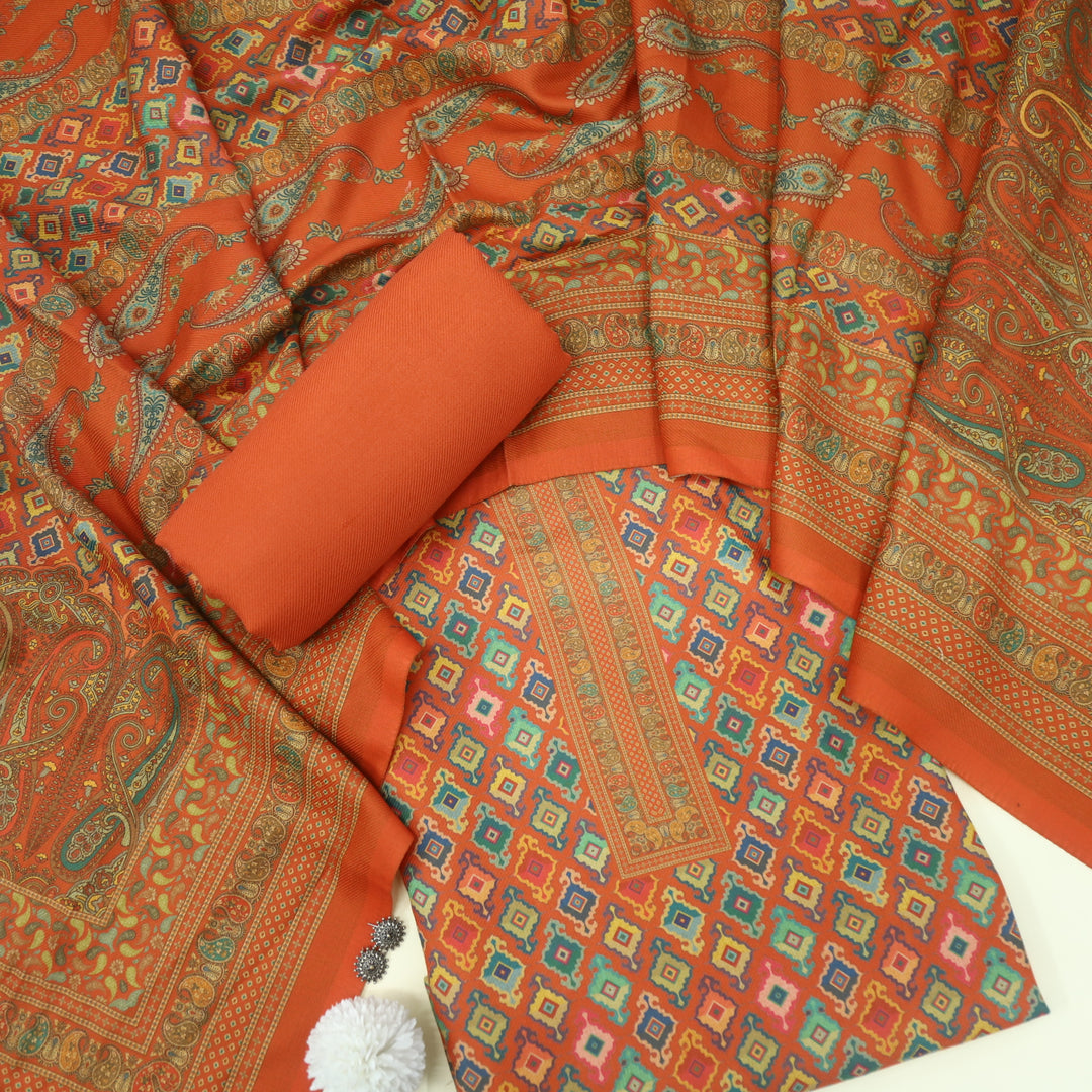 Shafaq Saffron Orange Semi Pashmina Top with Semi Pashmina Dupatta