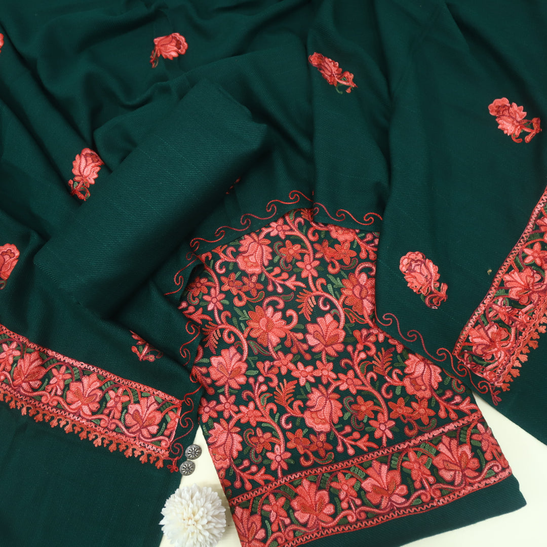 Sacramento Green Embroidered Semi Pashmina Top and Dupatta-D3