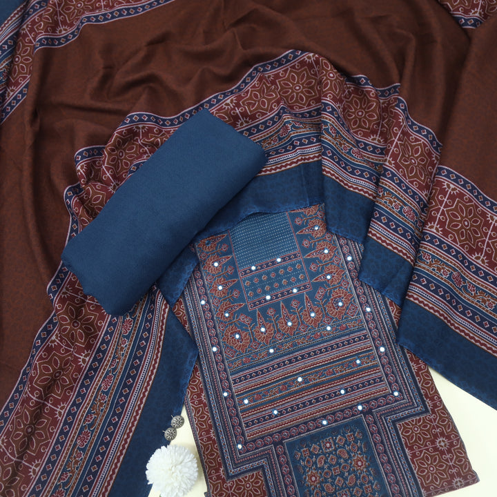 Zulfat Navy Blue Ajrak Print Semi Pashmina Winter Suit Set