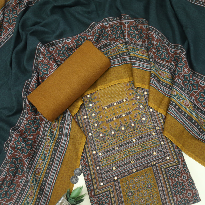 Zulfat Dandelion Yellow Ajrak Print Semi Pashmina Winter Suit Set