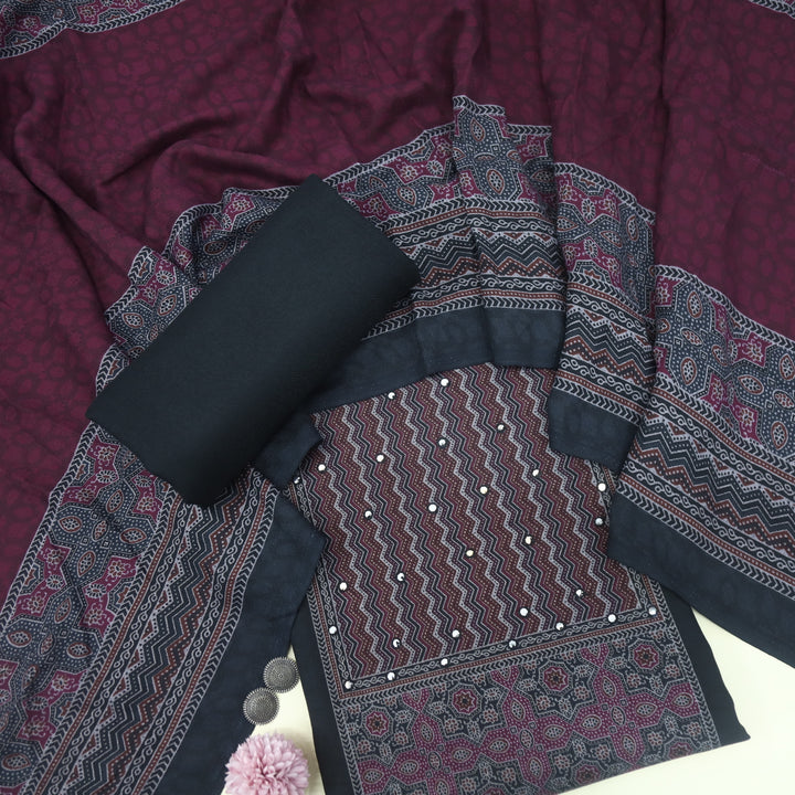 Zulfat Deep Black Ajrak Print Semi Pashmina Winter Suit Set