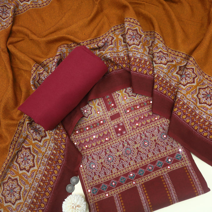 Zulfat Maroon Red Ajrak Print Semi Pashmina Winter Suit Set