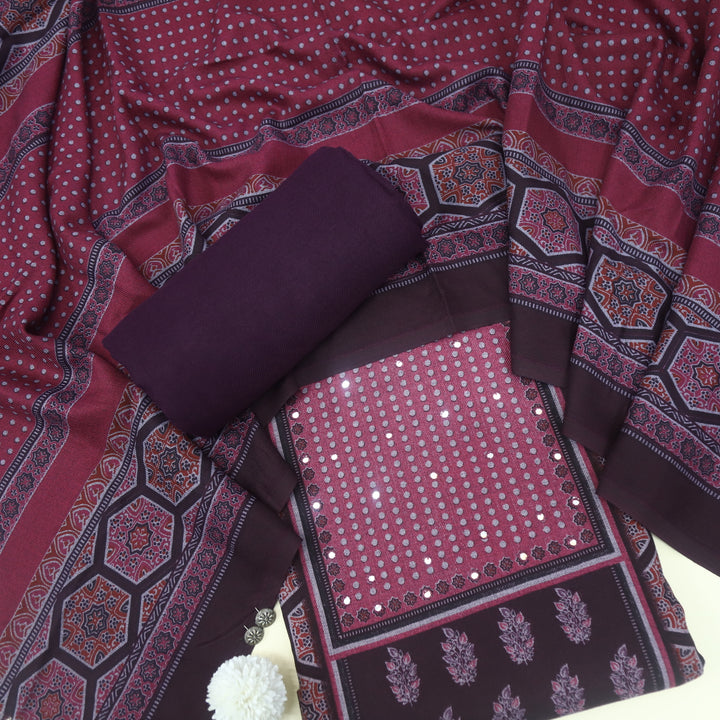 Zulfat Misty Purple Ajrak Print Semi Pashmina Winter Suit Set