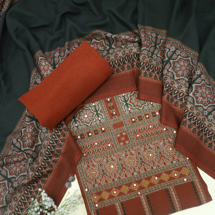 Zulfat Copper Orange Ajrak Print Semi Pashmina Winter Suit Set