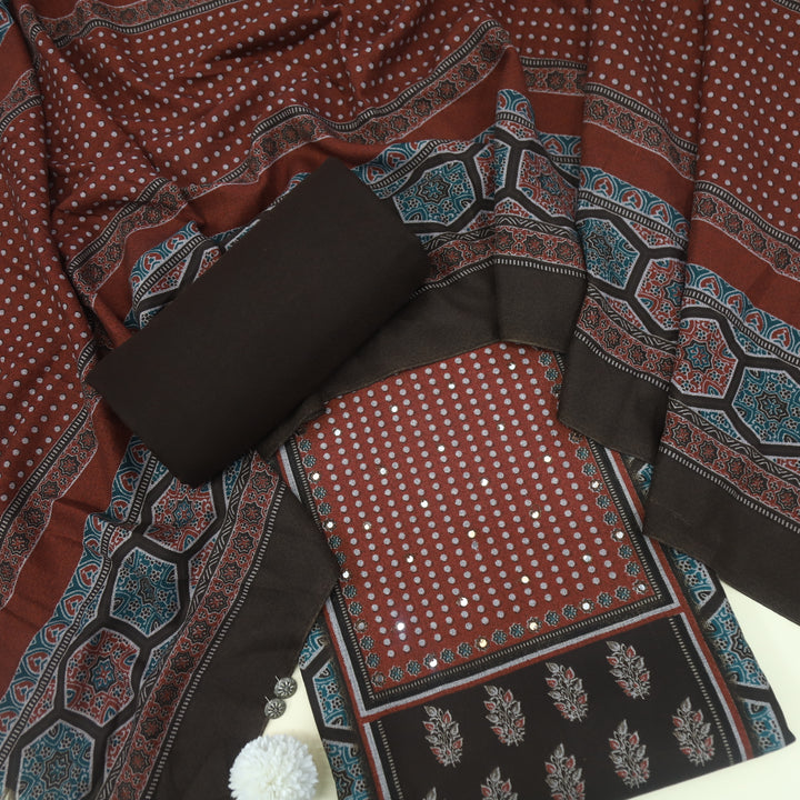 Zulfat Chocolate Brown Ajrak Print Semi Pashmina Winter Suit Set