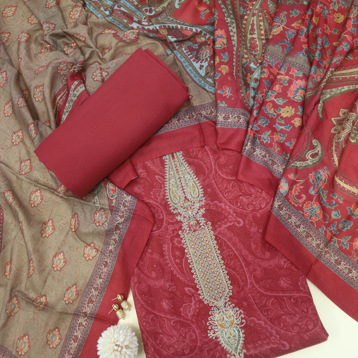 Tawana Ruby Pink Printed Semi Pashmina Top and Dupatta