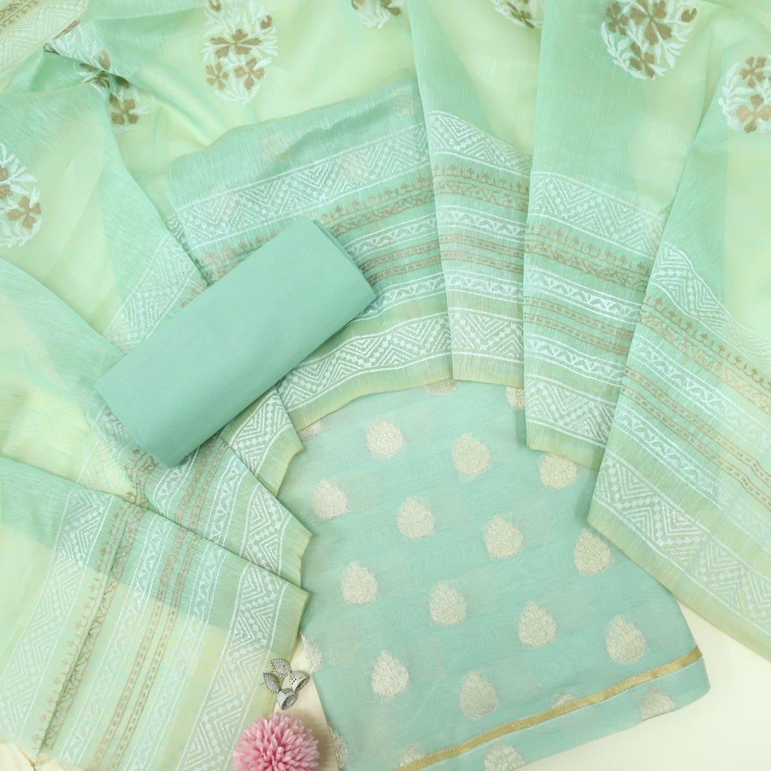 Sarang Mint Green Chanderi Top With Printed Chanderi Dupatta