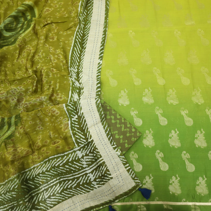 Sarang Moss And Pear Green Chanderi Top With Chanderi Dupatta