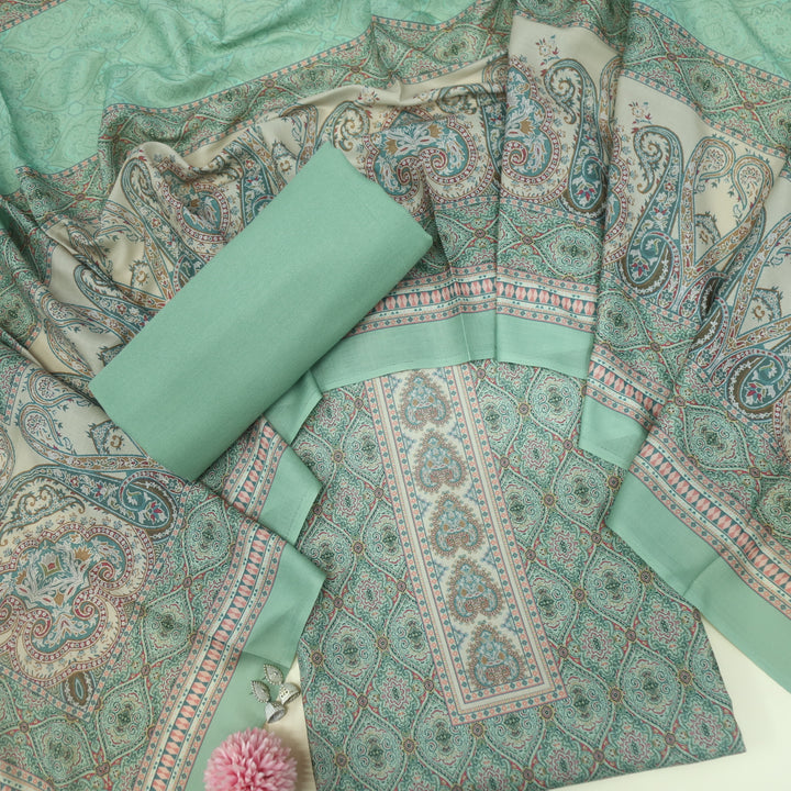 Rivaa Italian Green Damask Printed Semi Pashmina Winter Suit Set