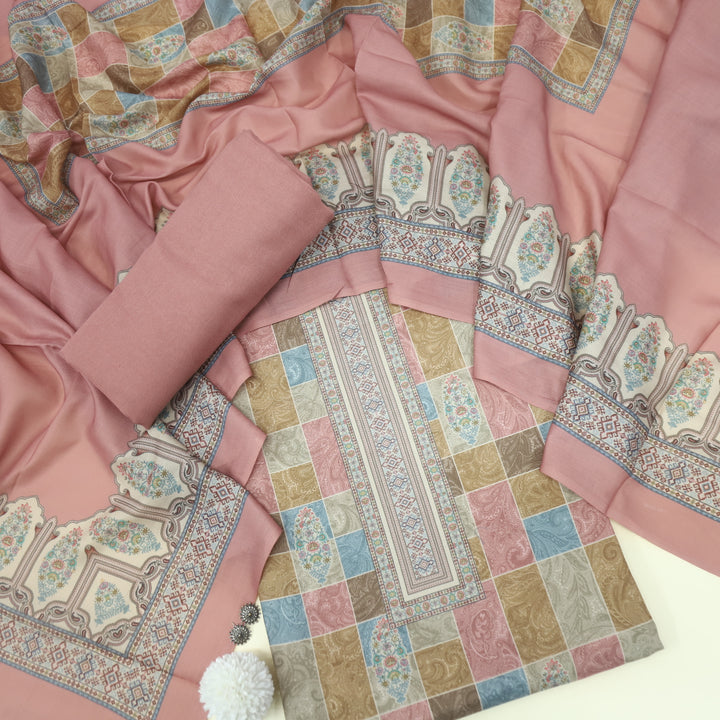 Rivaa Blush Pink Damask Printed Semi Pashmina Winter Suit Set