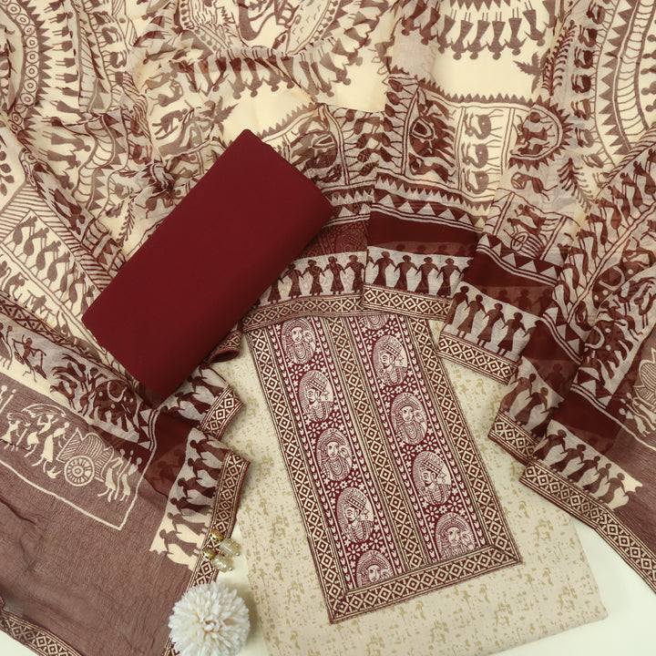 Raabta Wine Red Cotton Top With Chiffon Dupatta