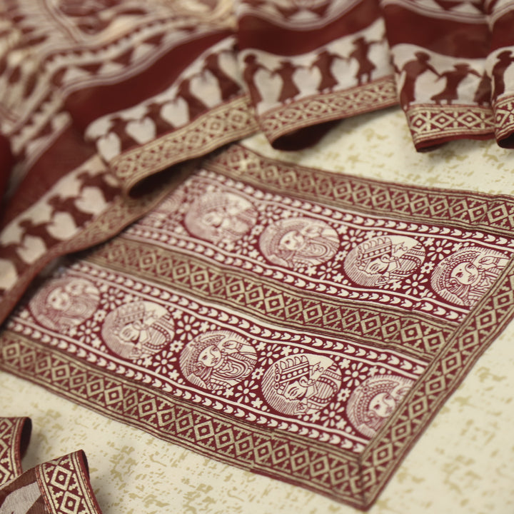 Raabta Wine Red Cotton Top With Chiffon Dupatta