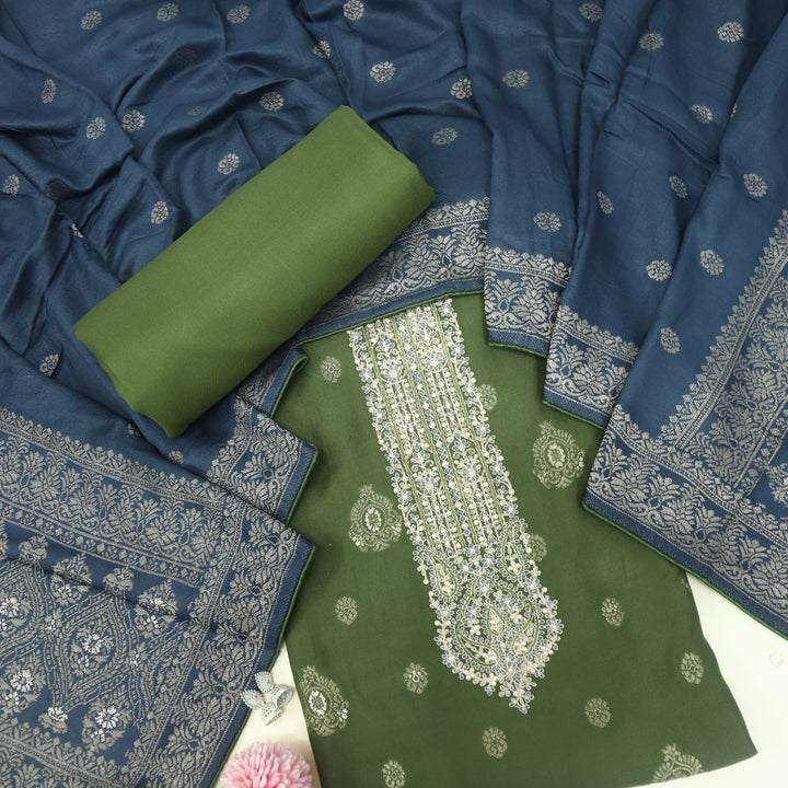 Surmai Mehndi Green All Over Zari Weaved Semi Pashmina Set