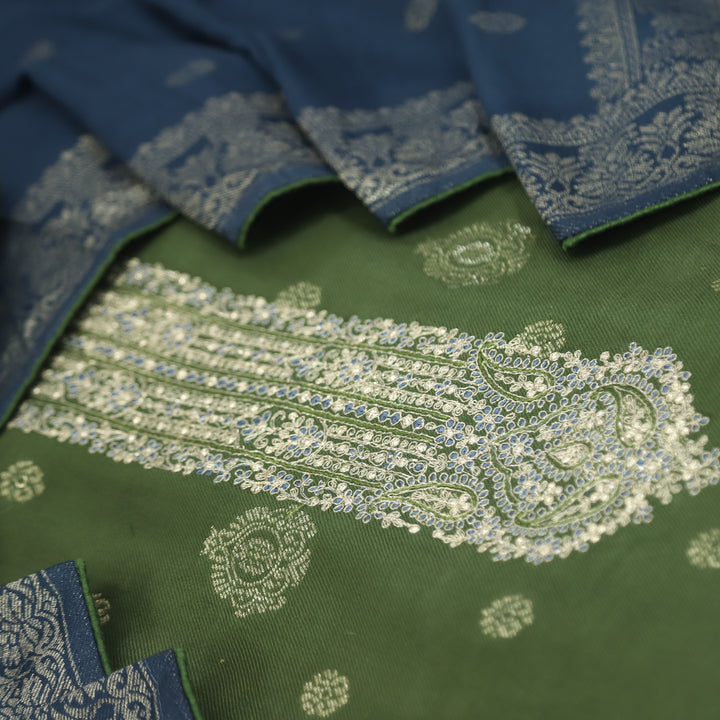 Surmai Mehndi Green All Over Zari Weaved Semi Pashmina Set