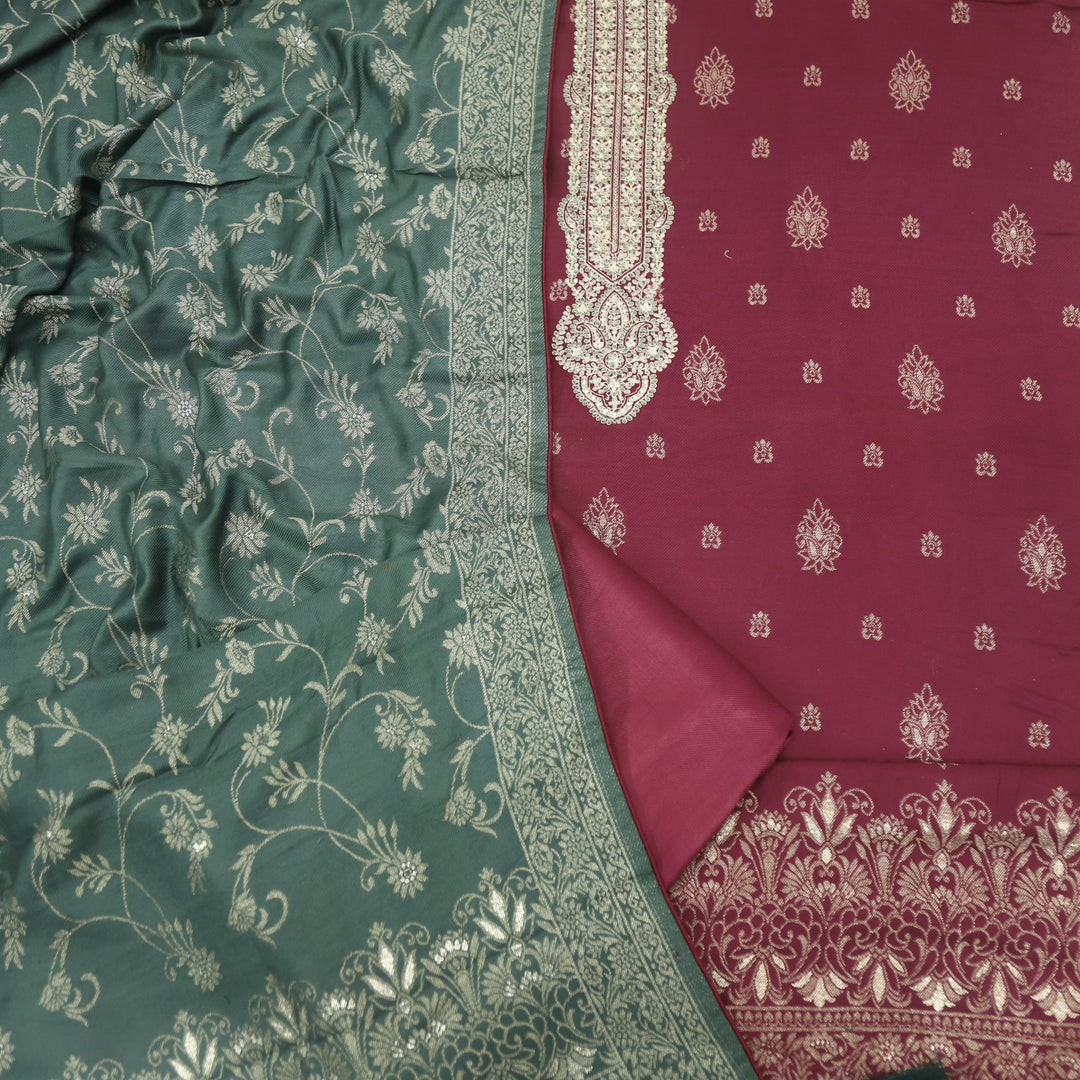 Surmai Maroon Red All Over Zari Weaved Semi Pashmina Set