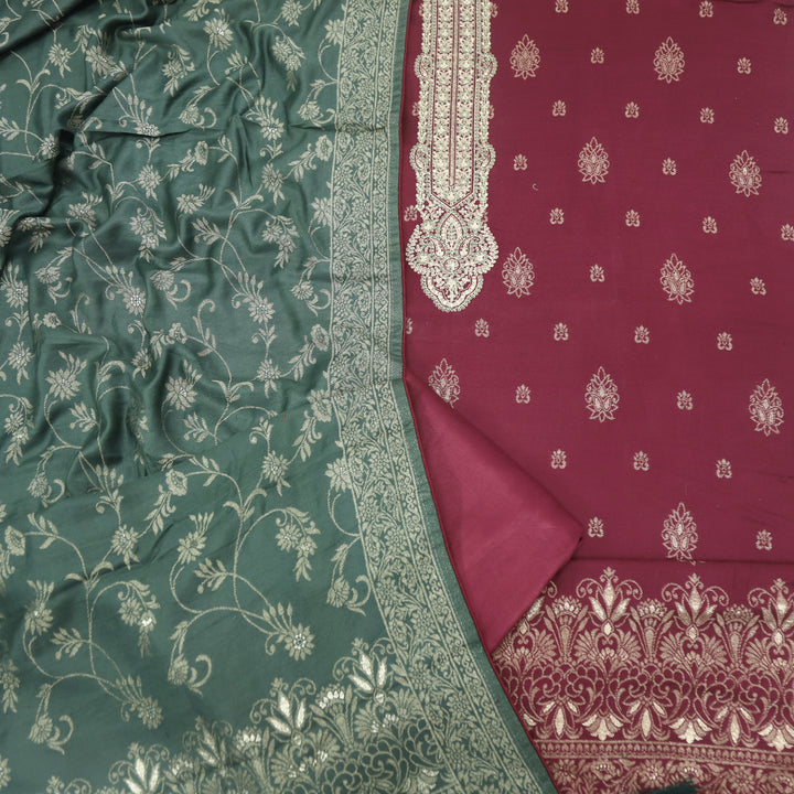 Surmai Maroon Red All Over Zari Weaved Semi Pashmina Set