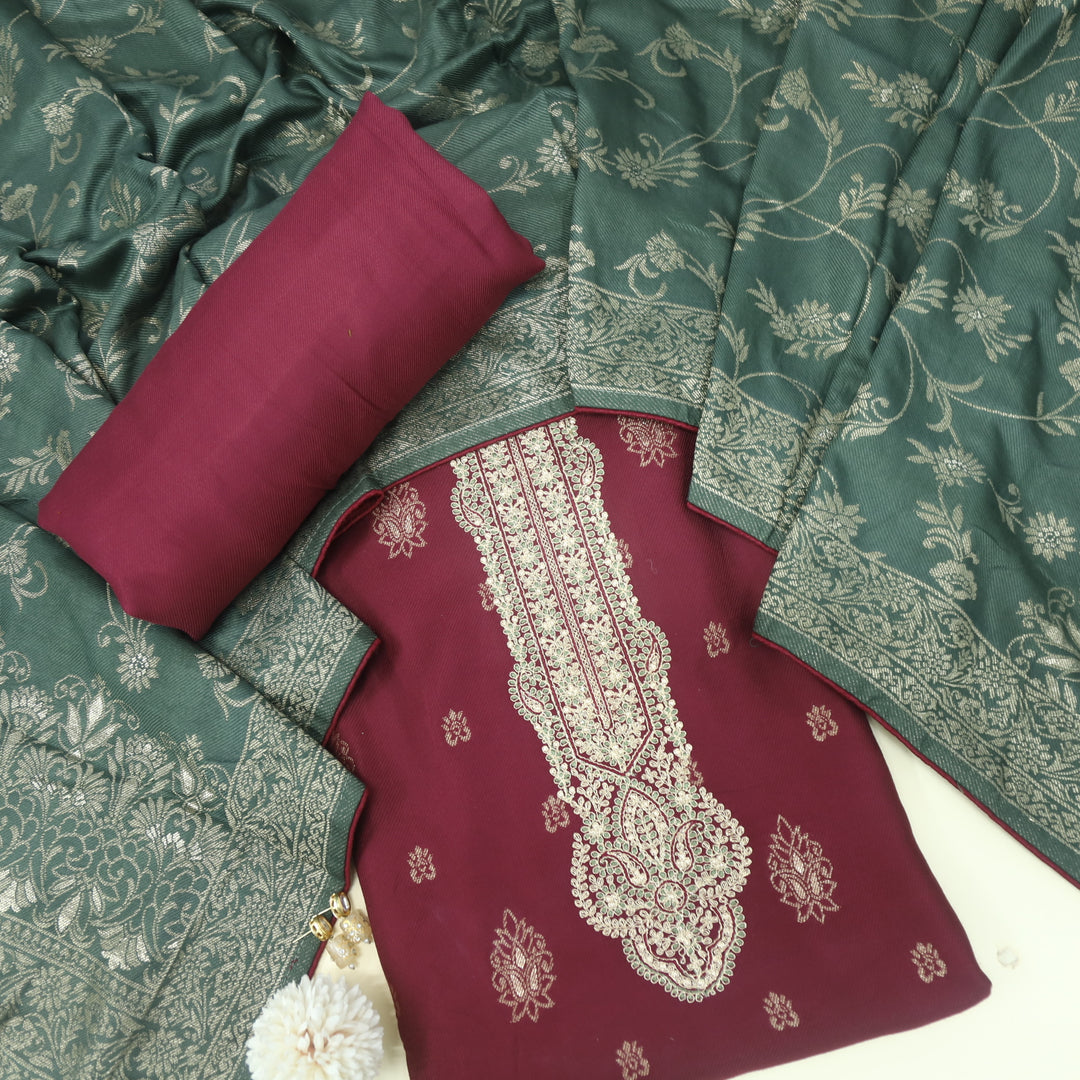 Surmai Maroon Red All Over Zari Weaved Semi Pashmina Set