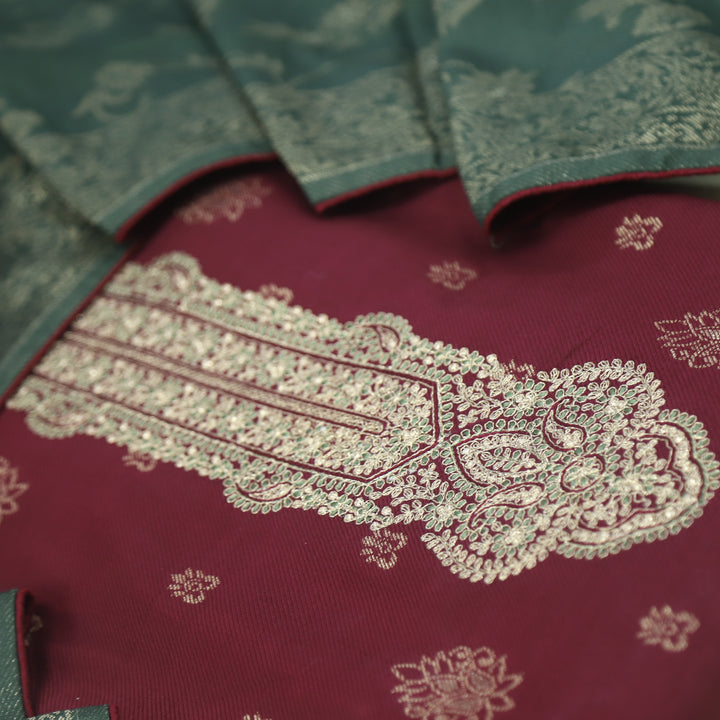 Surmai Maroon Red All Over Zari Weaved Semi Pashmina Set