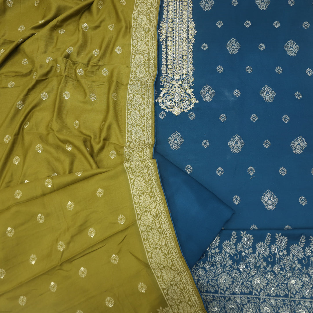Surmai Royal Blue All Over Zari Weaved Semi Pashmina Set