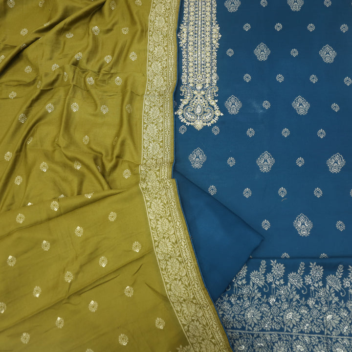 Surmai Royal Blue All Over Zari Weaved Semi Pashmina Set