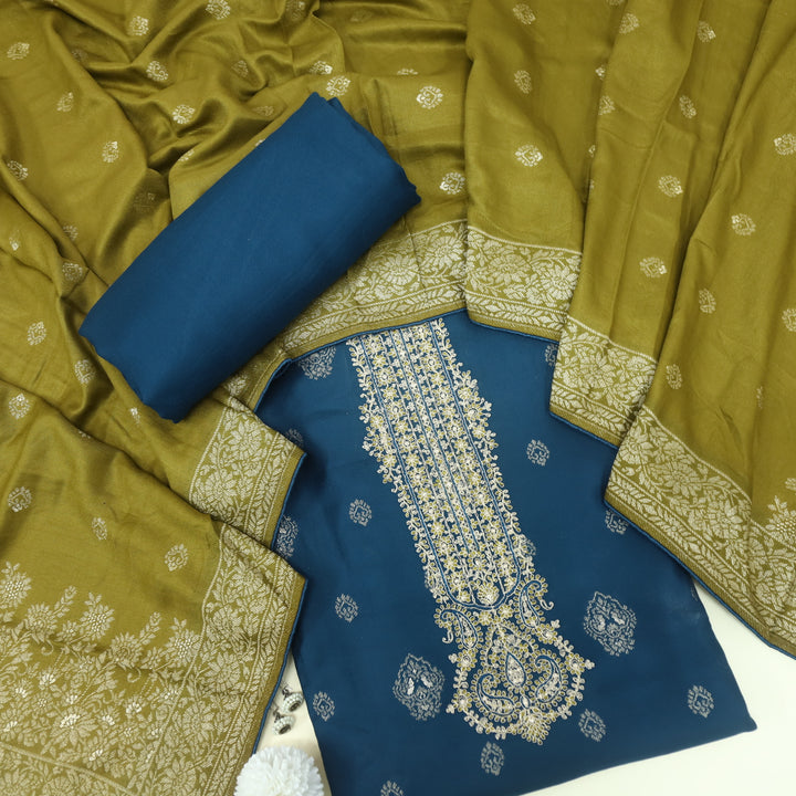 Surmai Royal Blue All Over Zari Weaved Semi Pashmina Set