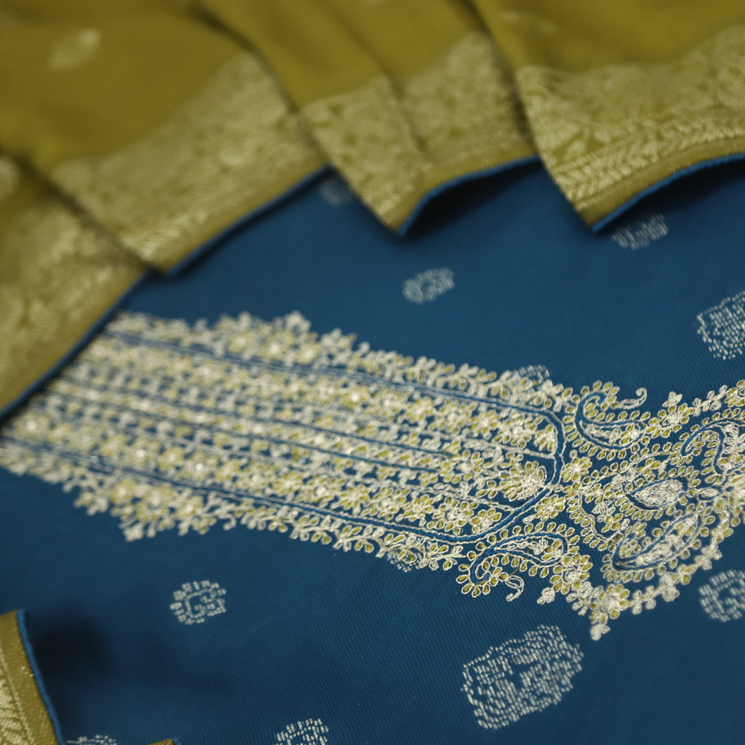 Surmai Royal Blue All Over Zari Weaved Semi Pashmina Set