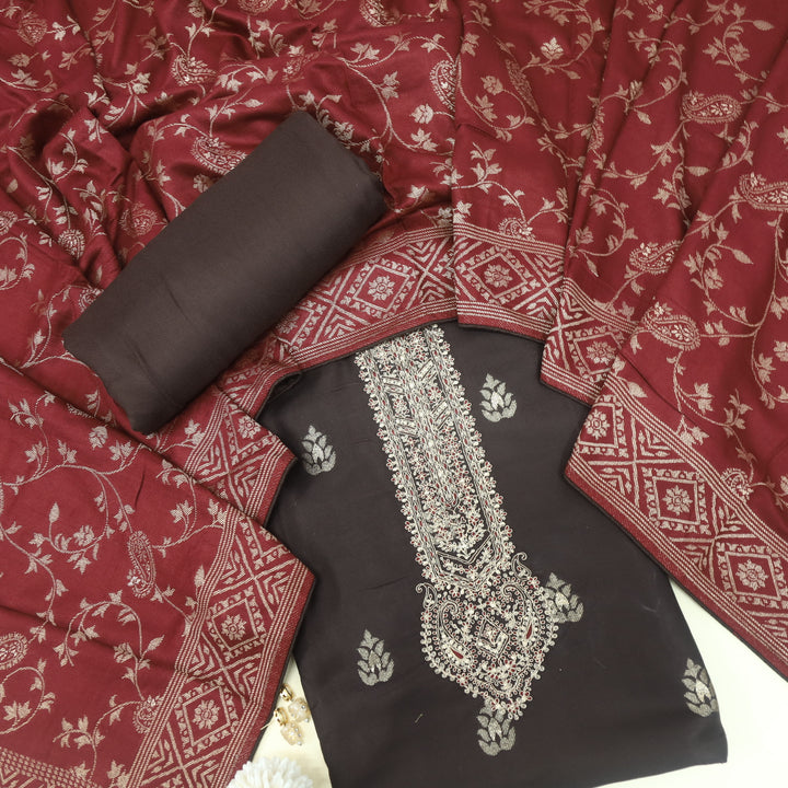 Surmai Choco Brown All Over Zari Weaved Semi Pashmina Set