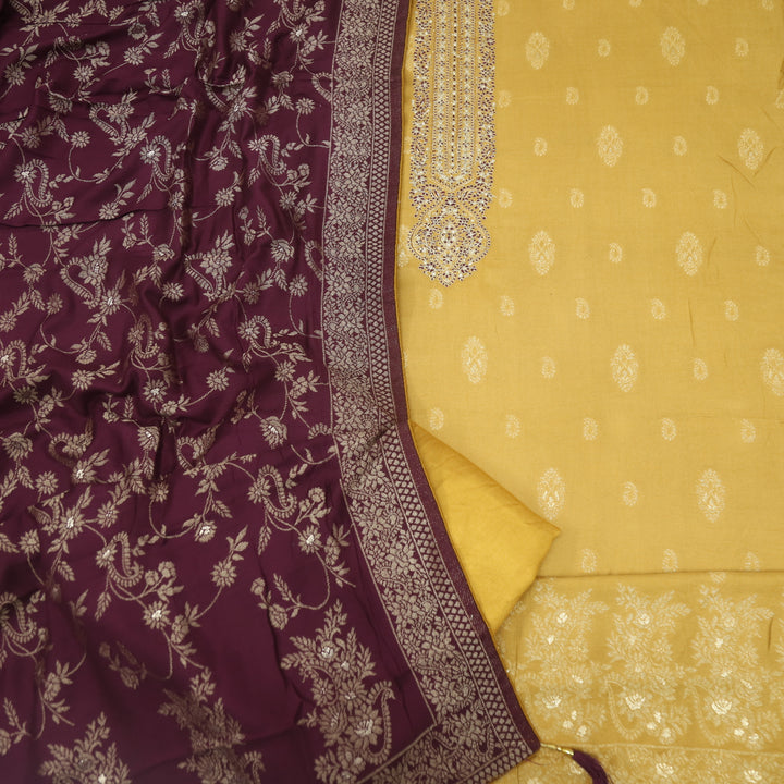 Surmai Turmeric Yellow All Over Zari Weaved Semi Pashmina Set