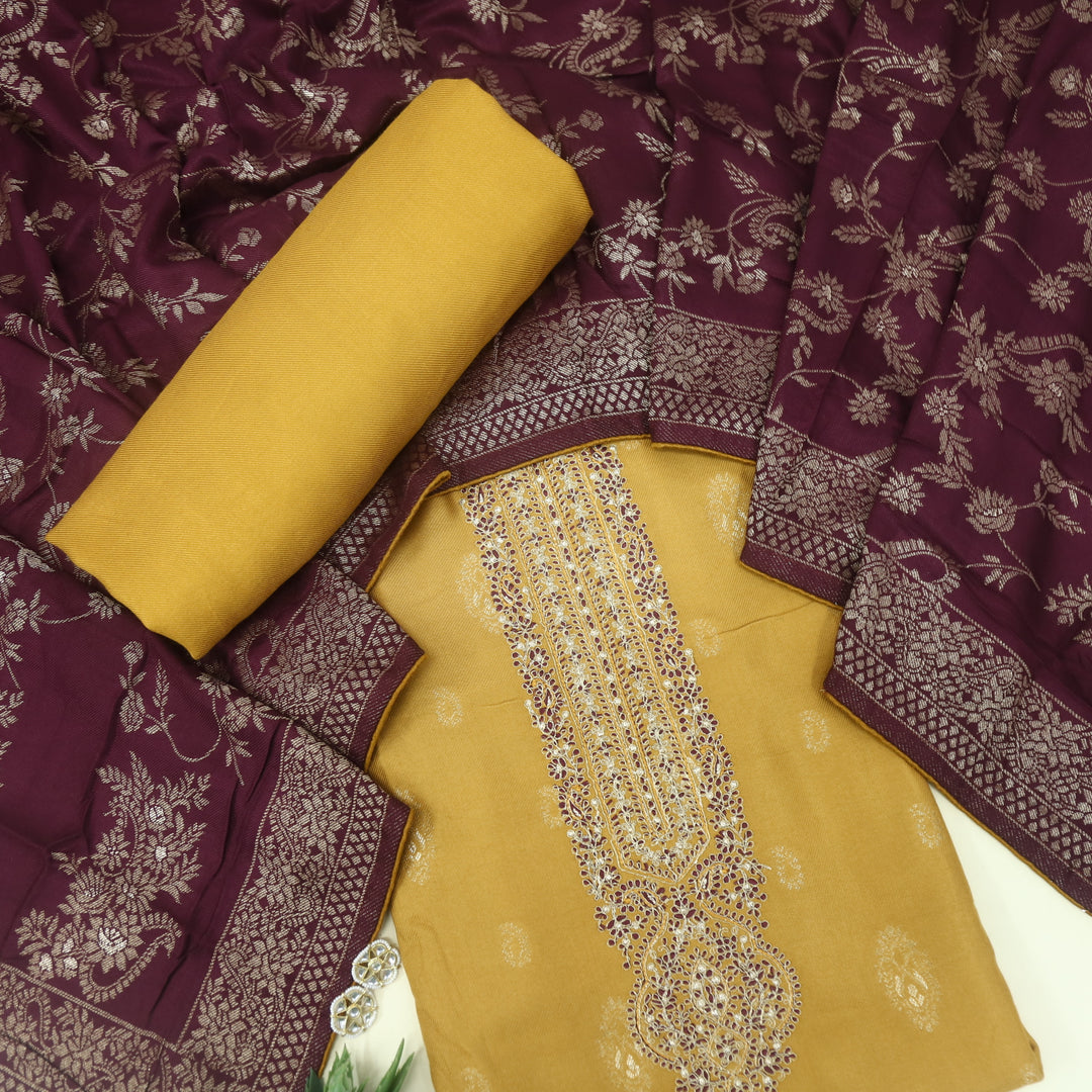 Surmai Turmeric Yellow All Over Zari Weaved Semi Pashmina Set