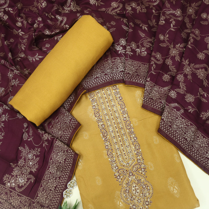 Surmai Turmeric Yellow All Over Zari Weaved Semi Pashmina Set