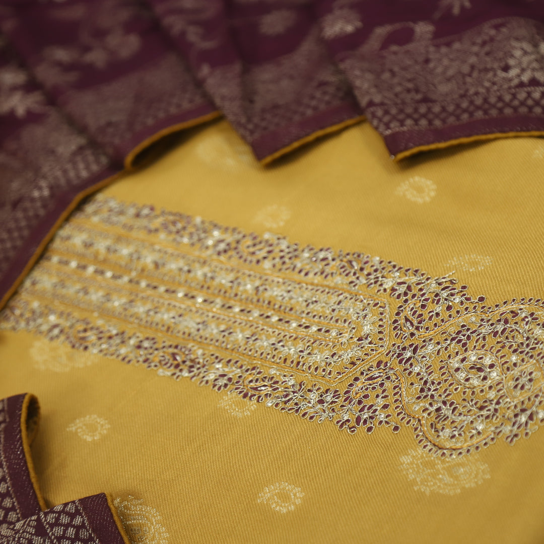 Surmai Turmeric Yellow All Over Zari Weaved Semi Pashmina Set