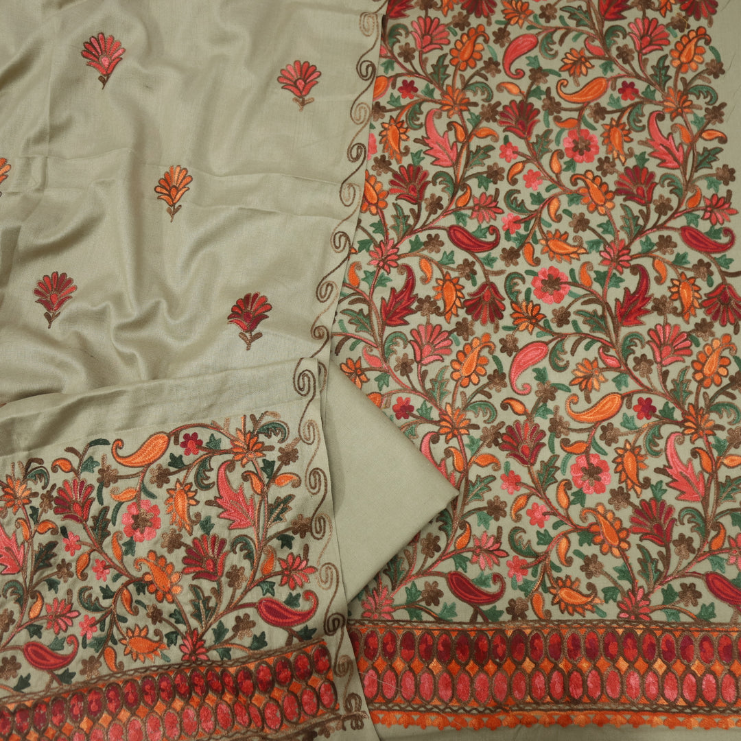 Mulakaat Ivory Beige Kashmiri Embroidery Semi Pashmina Set