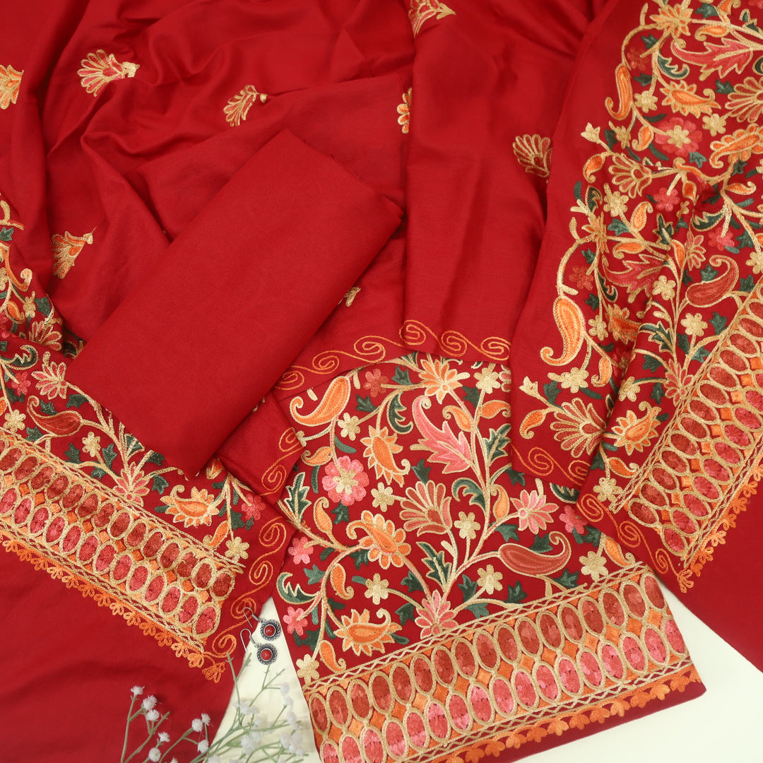 Makaam Cherry Red Kashmiri Embroidery Semi Pashmina Set