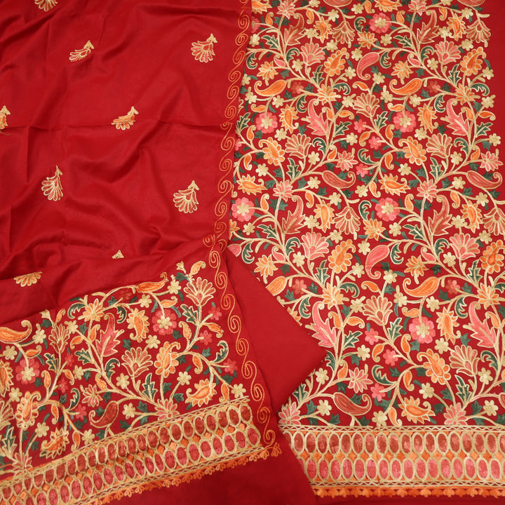 Makaam Cherry Red Kashmiri Embroidery Semi Pashmina Set