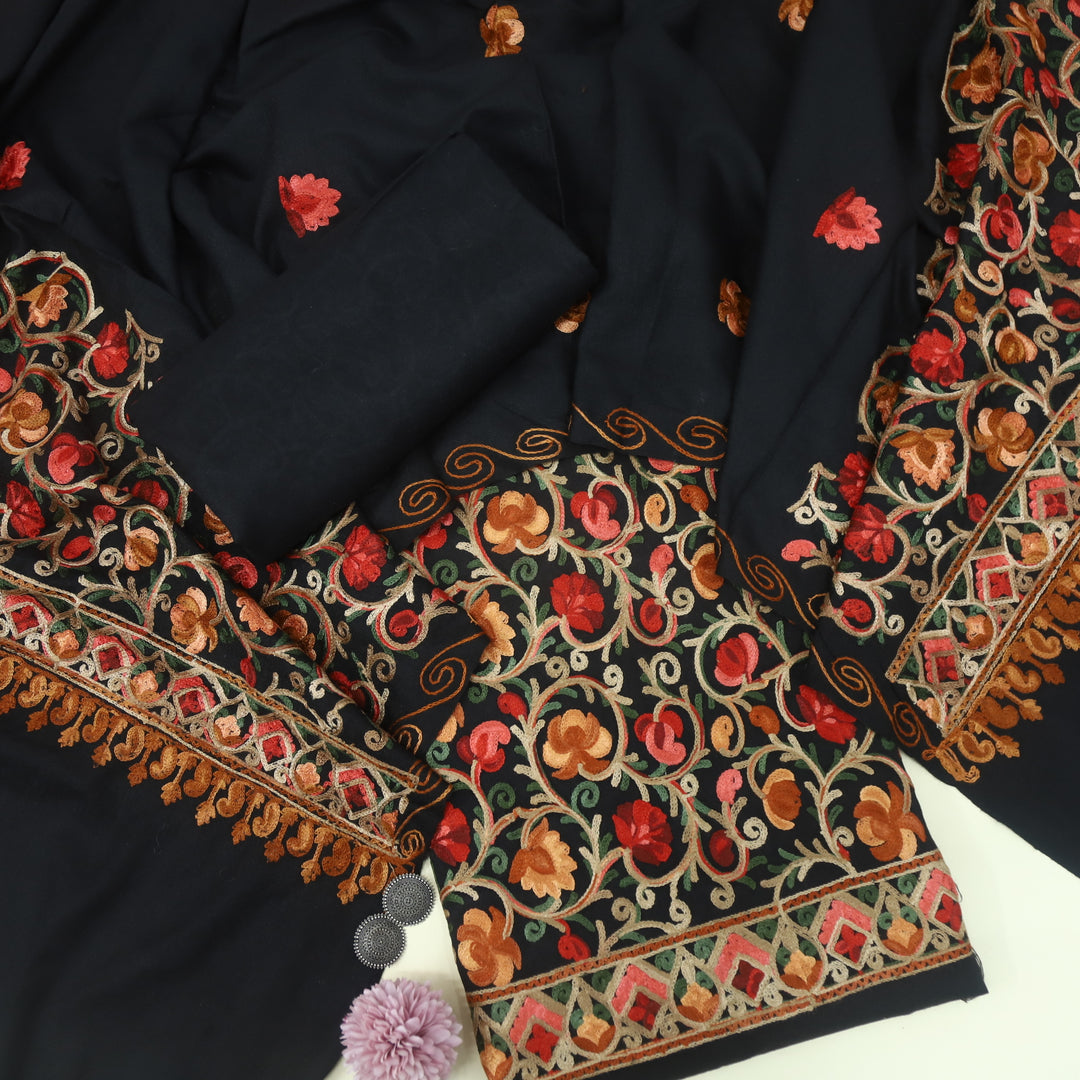 Mulakaat Black Kashmiri Embroidery Semi Pashmina Set