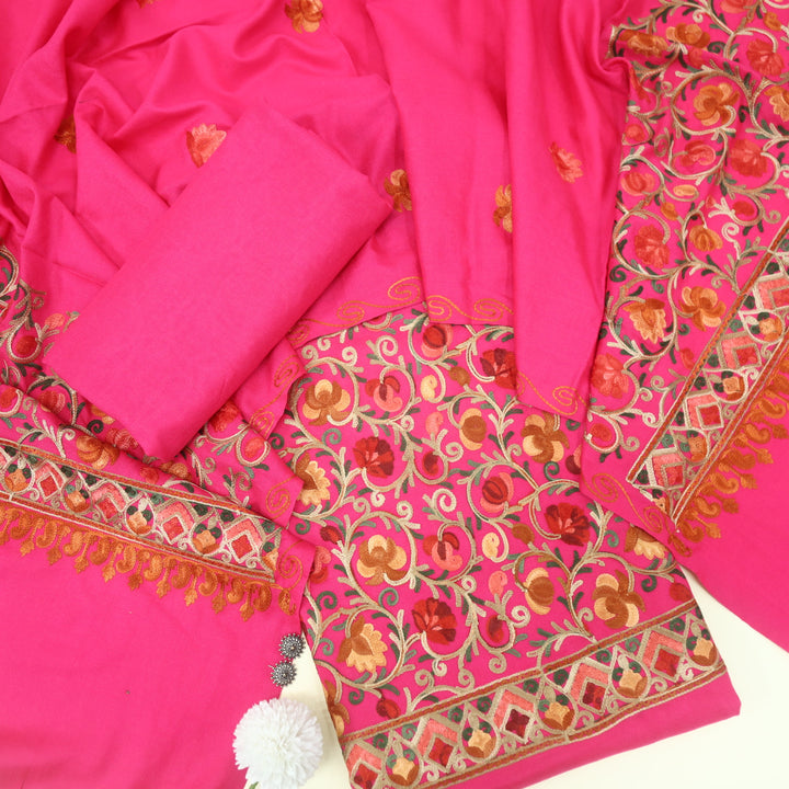 Mulakaat Barbie Pink Kashmiri Embroidery Semi Pashmina Set