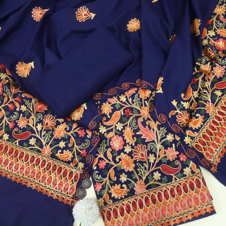 Makaam Royal Blue Kashmiri Embroidery Semi Pashmina Set