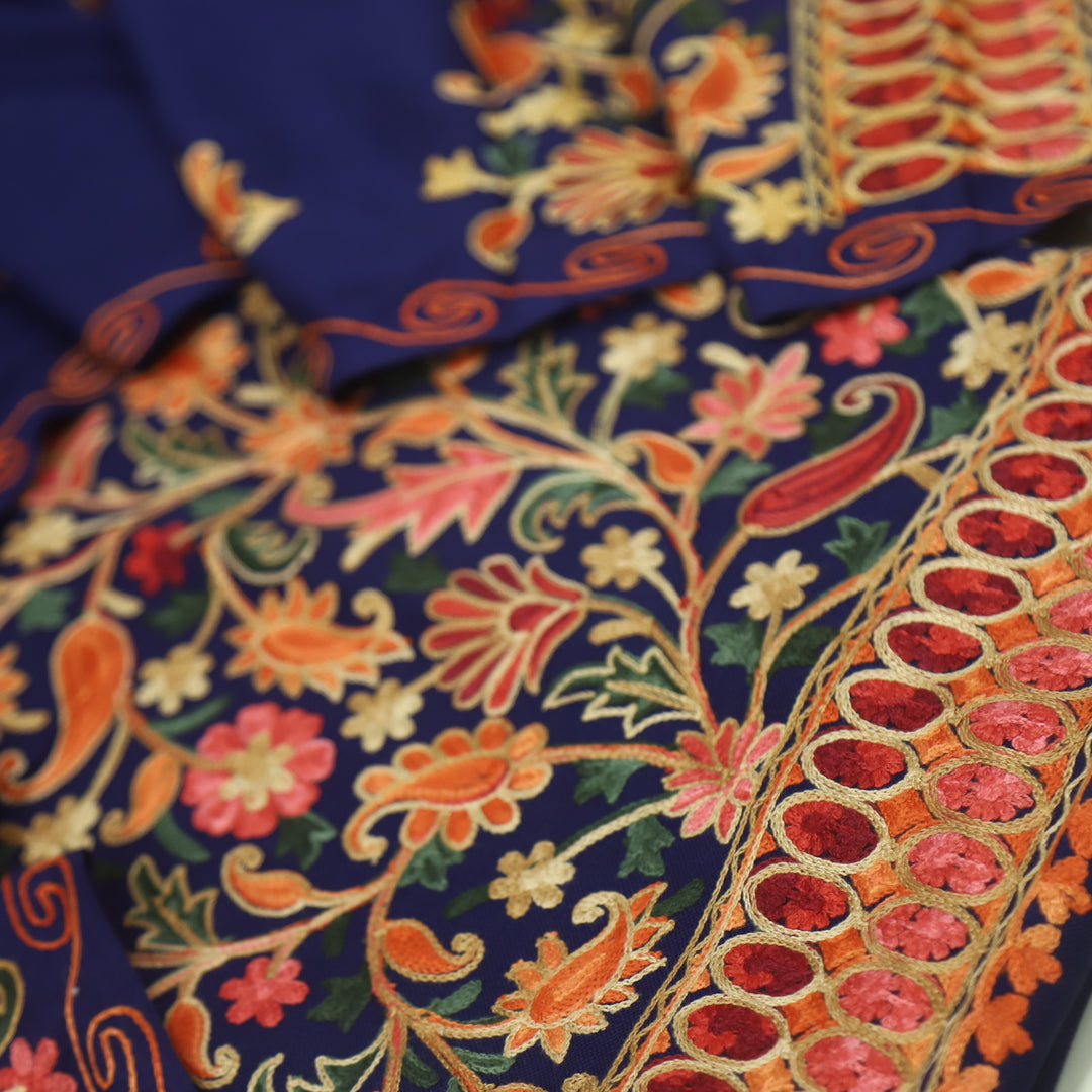 Makaam Royal Blue Kashmiri Embroidery Semi Pashmina Set