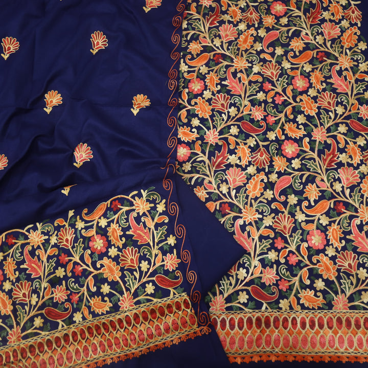 Makaam Royal Blue Kashmiri Embroidery Semi Pashmina Set