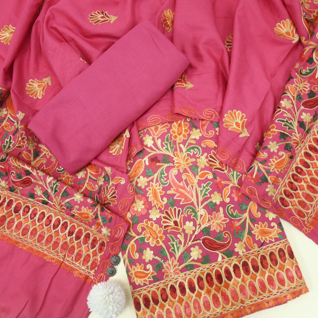 Makaam Kris Pink Kashmiri Embroidery Semi Pashmina Set