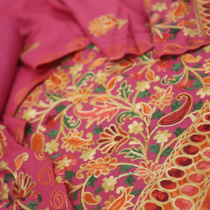Makaam Kris Pink Kashmiri Embroidery Semi Pashmina Set
