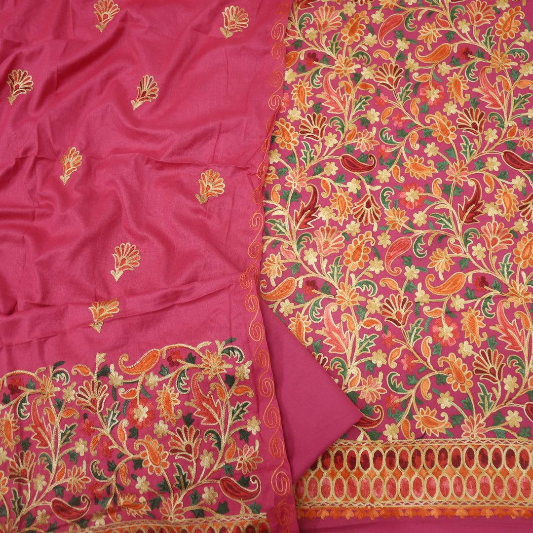 Makaam Kris Pink Kashmiri Embroidery Semi Pashmina Set