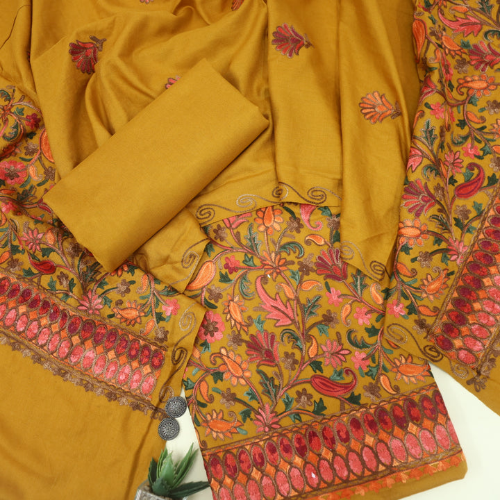 Mulakaat Dijon Yellow Kashmiri Embroidery Semi Pashmina Set