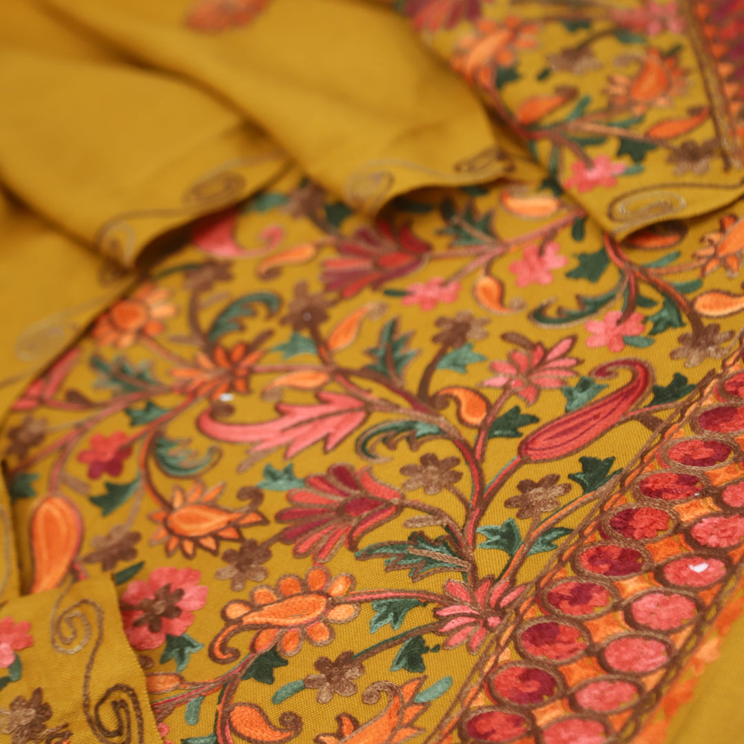 Mulakaat Dijon Yellow Kashmiri Embroidery Semi Pashmina Set