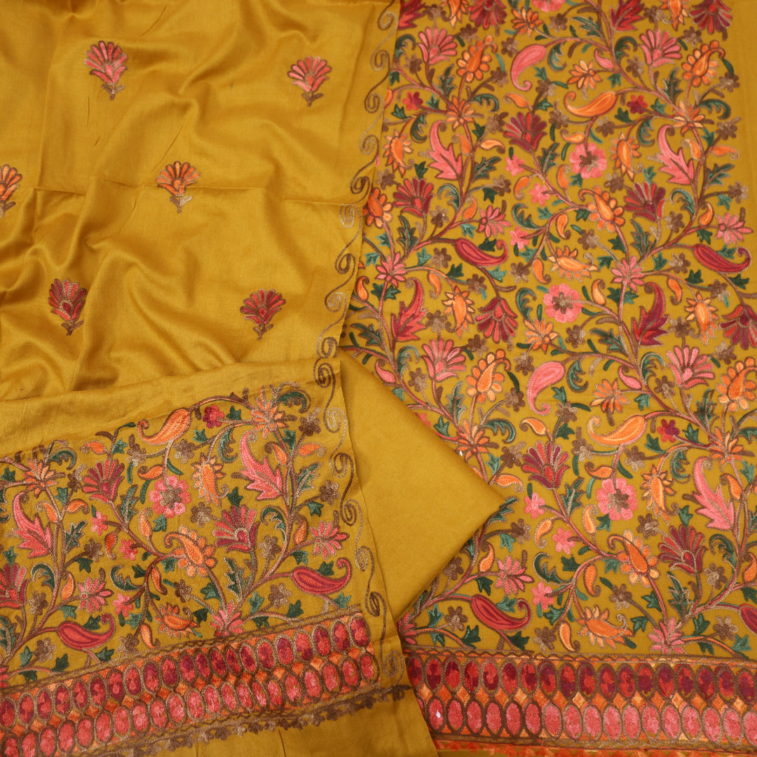 Mulakaat Dijon Yellow Kashmiri Embroidery Semi Pashmina Set