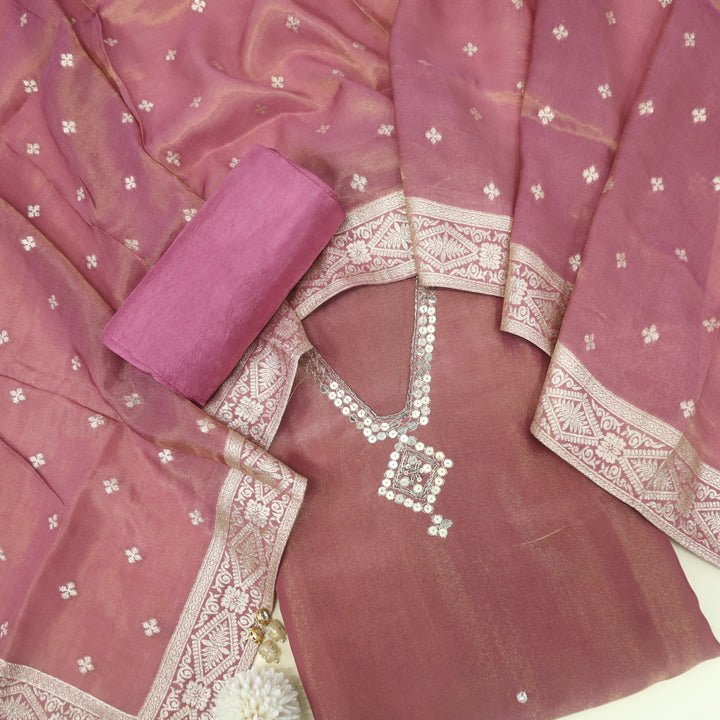 Alhada Nude Mauve Sequence Work Tissue Chanderi Suit Set