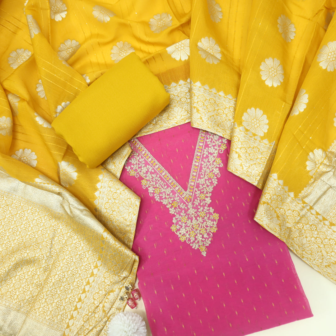 Alhada Rose Pink Zari Embroidery V Neck Chanderi Silk Suit Set